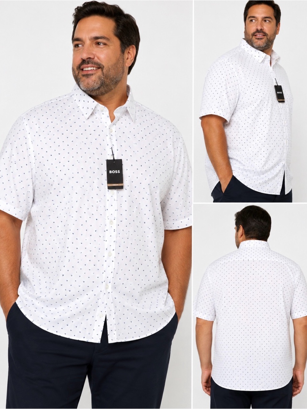 NWT BOSS Hugo Boss Men’s 5XL White Blue Print Stretch Short Sleeve Shirt